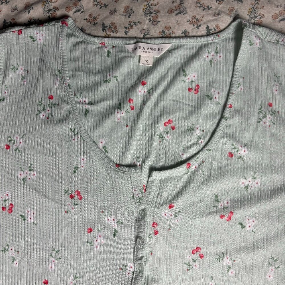 Laura Ashley 1XL Short Sleeve Button Pajamas Mint Green Blue Floral Ribbed - Picture 3 of 8